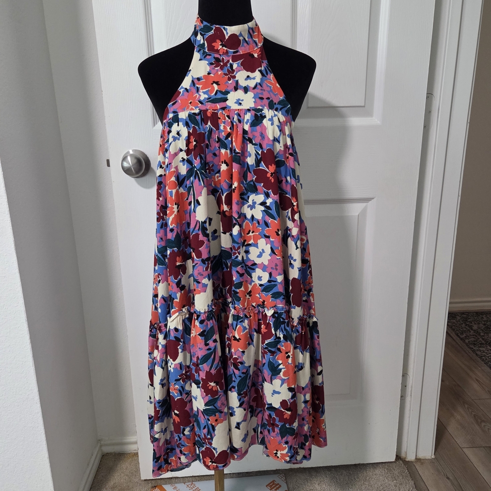 Vici Multicolor Floral Backless Halter Flowy Midi Dress. Beach Vacation Summer.
